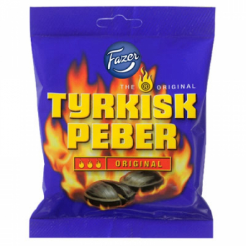 Fazer Türkisch Pfeffer Original, 24x150g, Fazer Türkisch Pfeffer Original​​ sind Salmiakbonbons mit einer pfeffrig-scharfen Lakritzpulverfüllung.